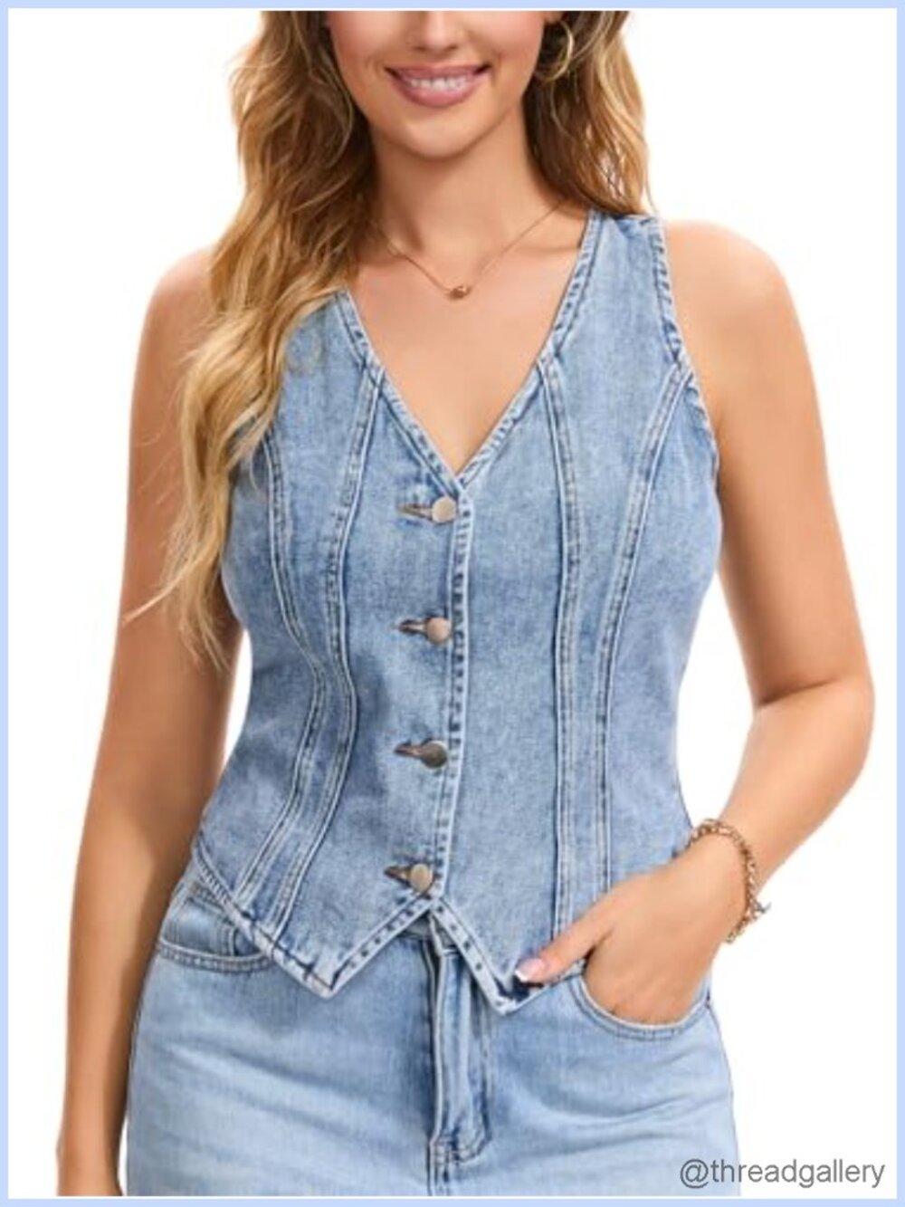 Denim Vest V Neck Sleeveless Button Down Crop Jean Vest with Adjustable Back